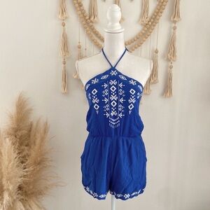 Xhilaration x Target blue white embroidered romper sleeveless boho halter M